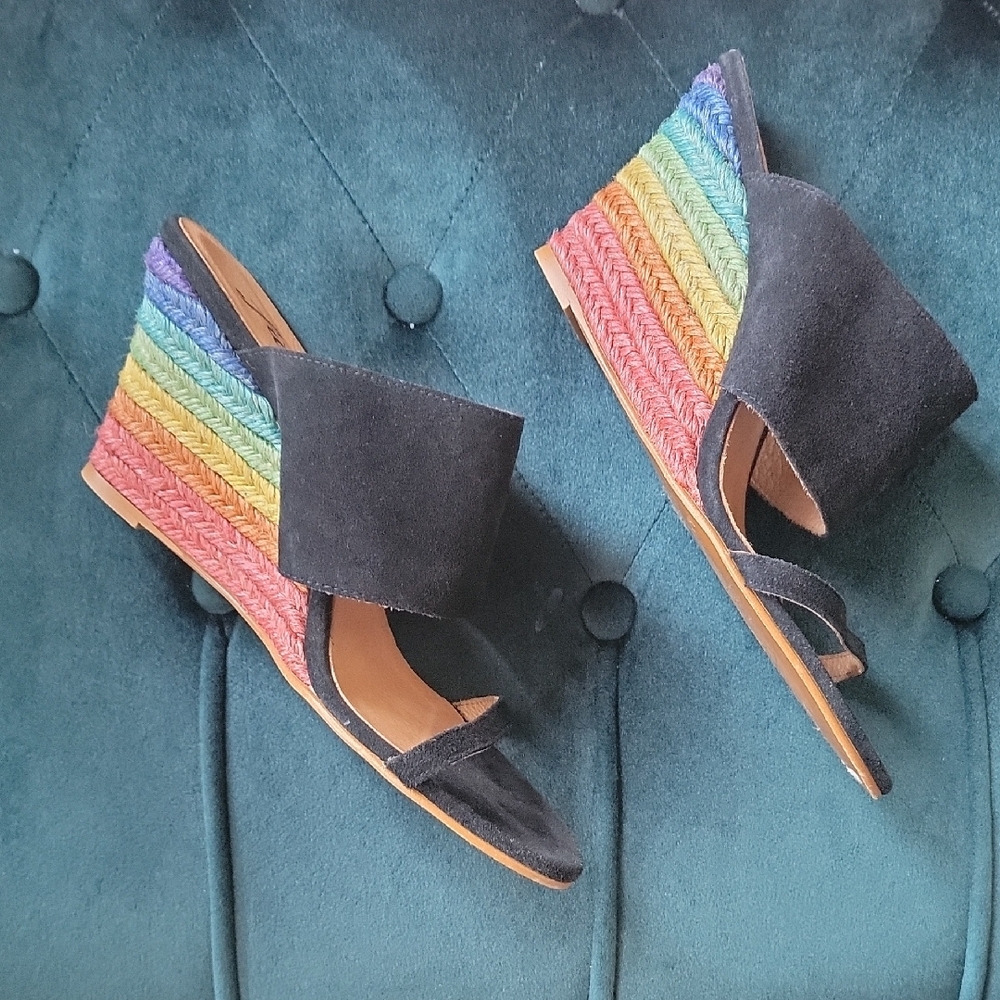 Free People Black Suede Rainbow Espadrille Wedges